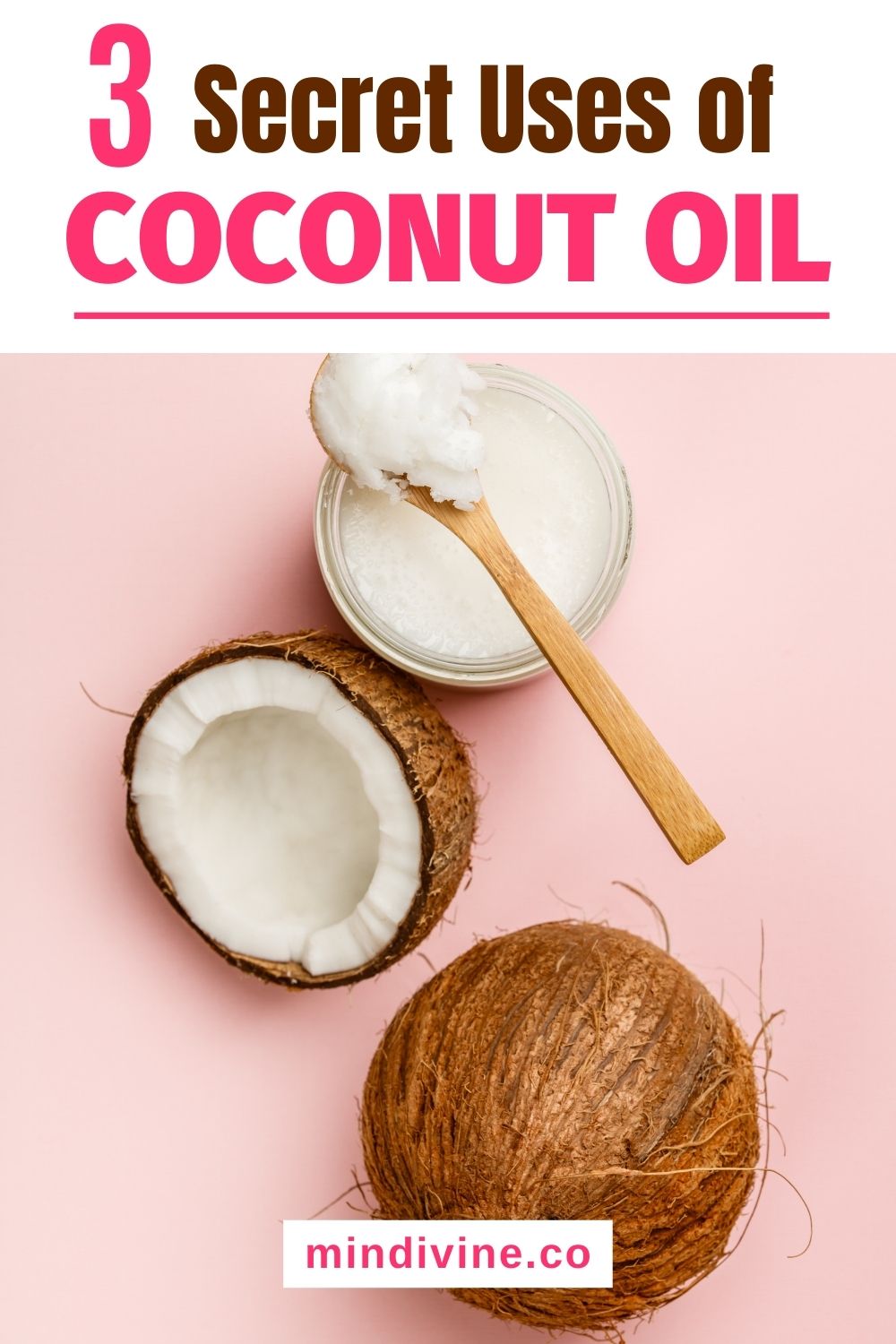 Coconut oil and fresh coconuts on a pink background.