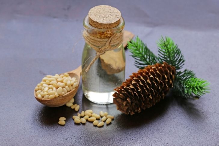 Bottler with siberian pine essential oil and pine seeds.
