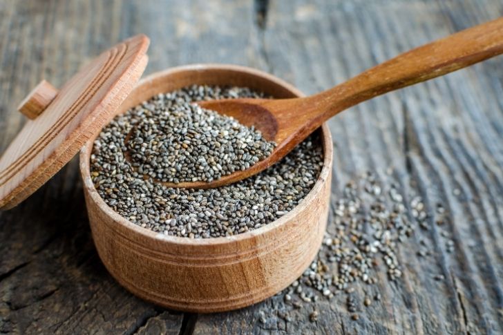 Bowl with chia seeds and spoon.
