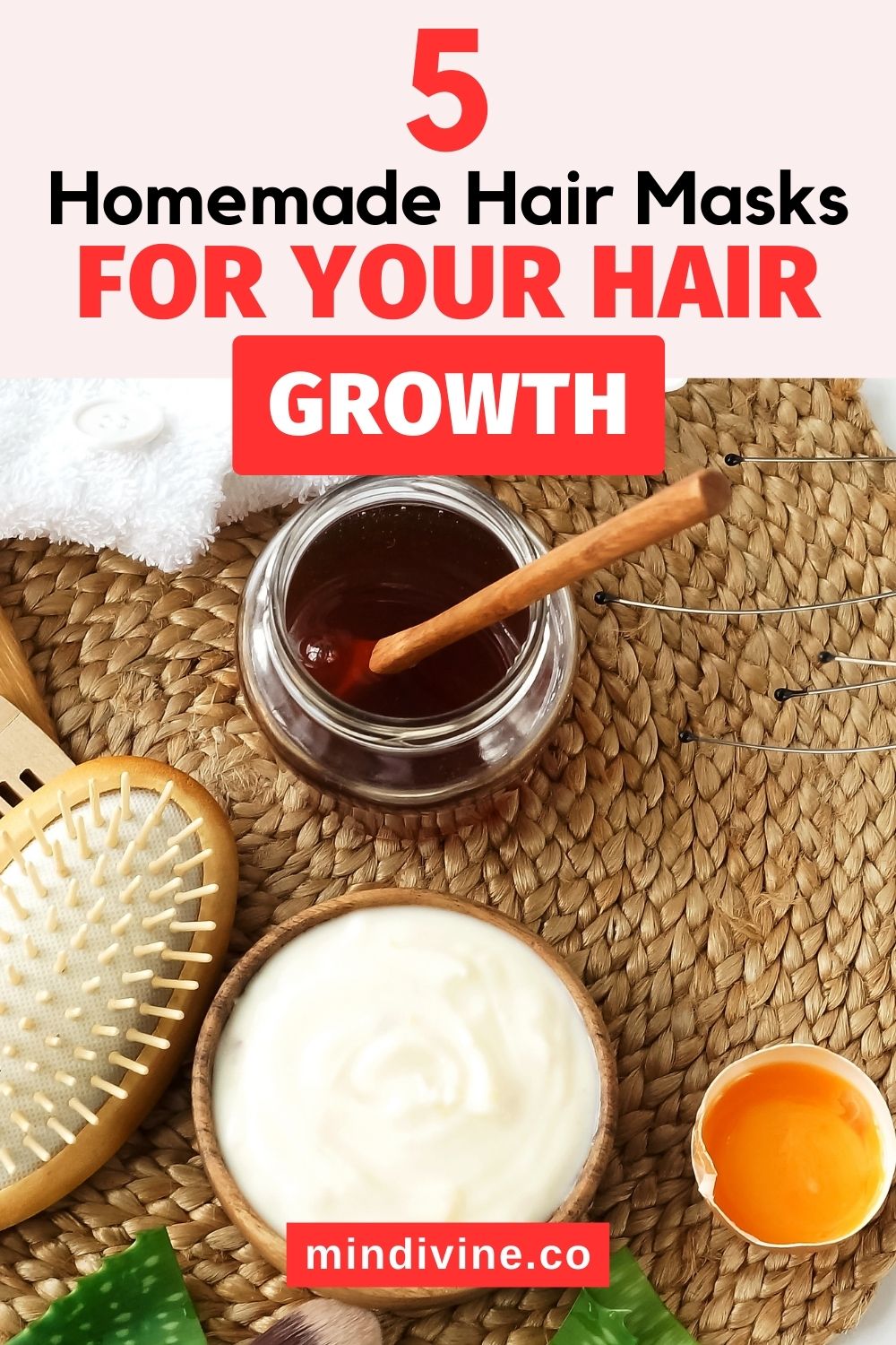 Pinterest pin: Homemade hair mask and ingredients for hair growth: honey, egg, yogurt, aloe on white background.