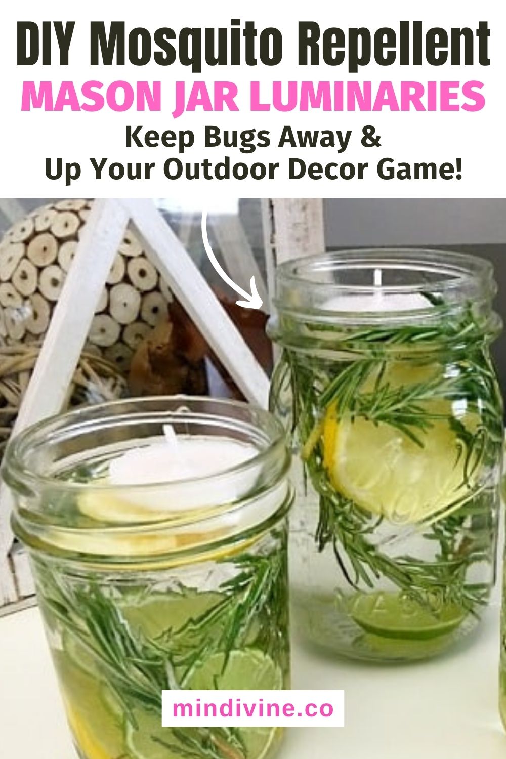 Pinterest pin: 2 Mosquito Repellent Mason Jar Luminaries with lemon, lima, rosmemary, essential oils and water.