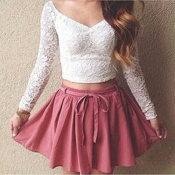 Cropped Lace Top with Blush Pink Skater Mini Skirt