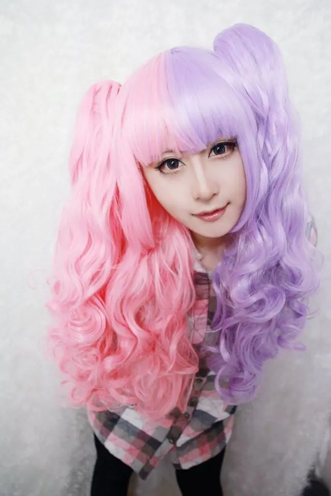 Half side pink and purple cotton candy hair.