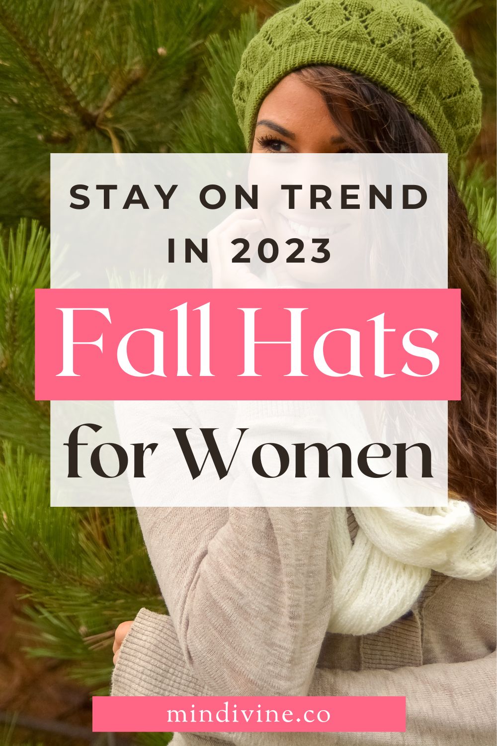 Young woman with fall apparel and knitted hat in olive green color.