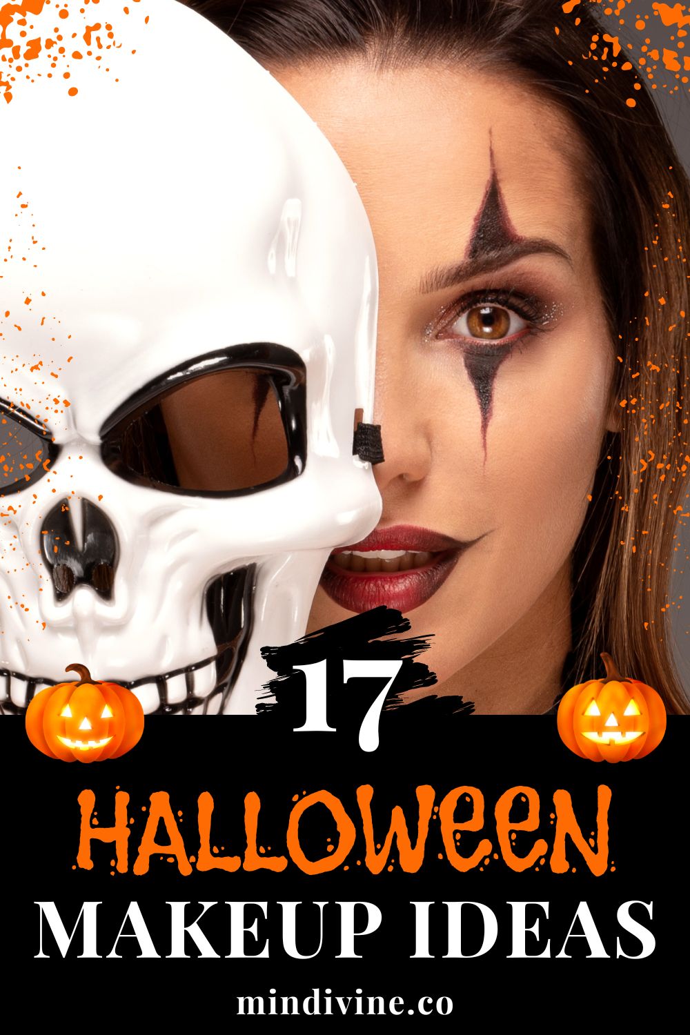 Beautiful girl in Halloween makeup posing with skull mask.