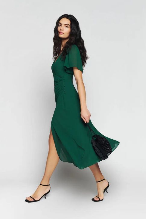 Stylish Sleeved Dress for Attending a Fall Wedding in Emerald Green