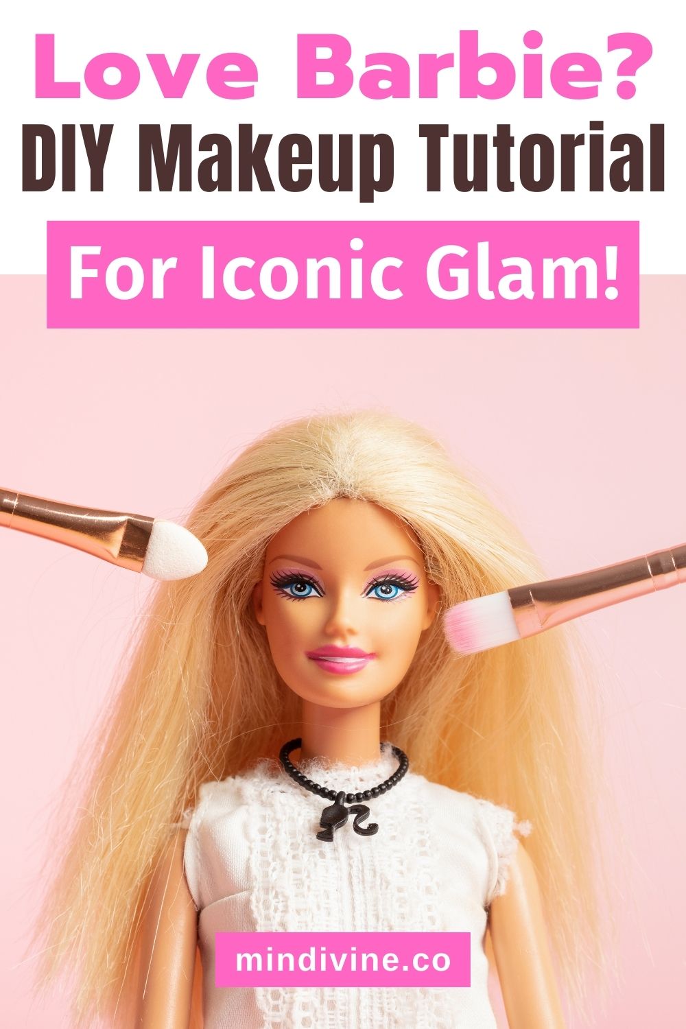 Close-up portrait of glamour blonde Barbie doll with make-up brushes near her face.