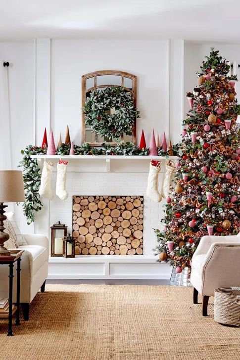 Christmas Living Room Decorated in Red and White.