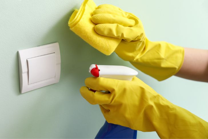 Girl cleaning wall with yellow gloves.