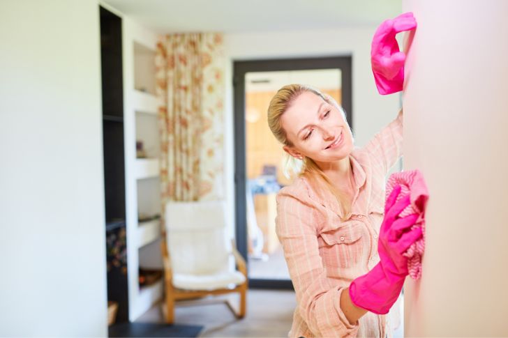 Cleaning Walls: Girl clean wallas with pink gloves.