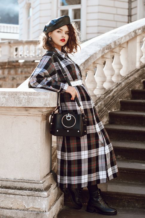 Long Checked Dress, Leather Beret & Boots.