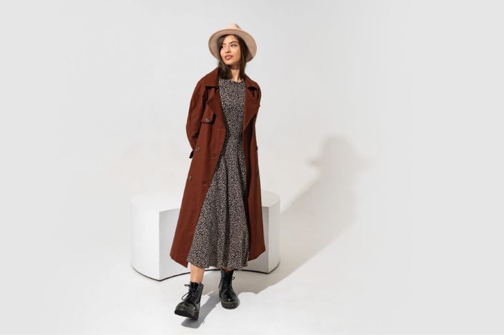 Wool Dress & Brown Trench Coat With Leather Boots.