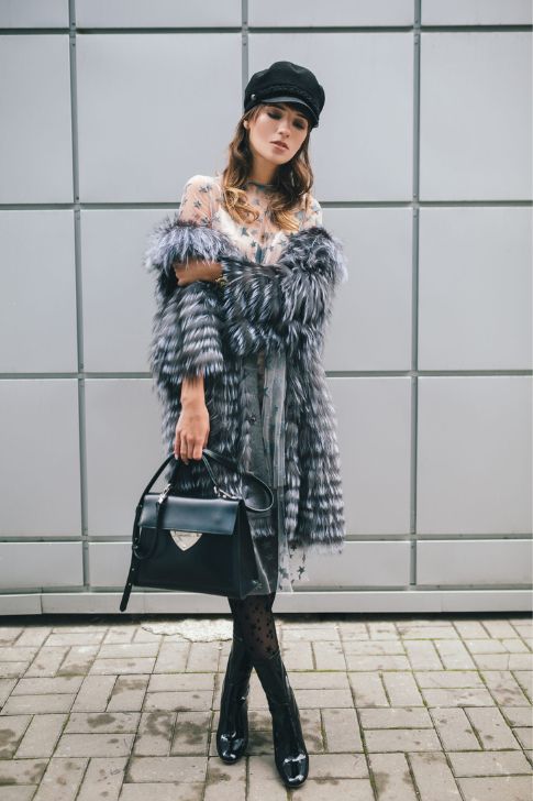 Ruffle Fur Coat, Sheer Dress With Tights and Hat.