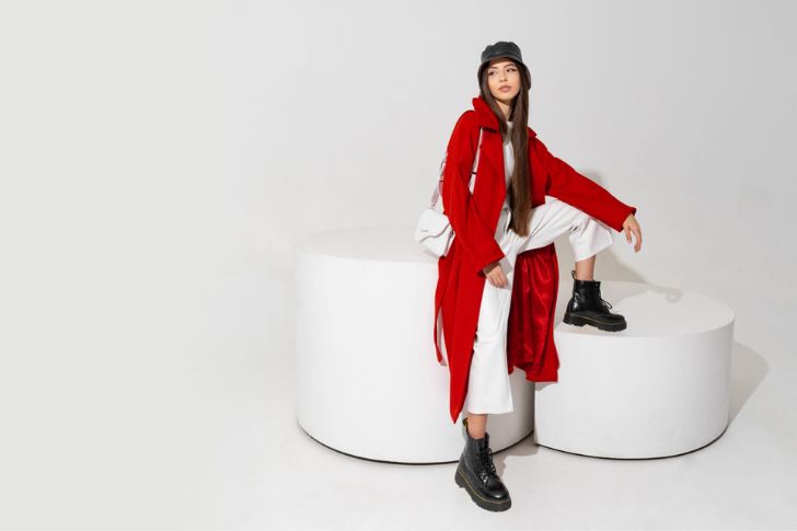 Red Long Trench Coat & White Outfit.