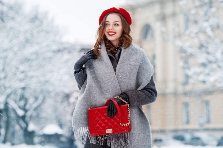 Beret, Grey Scarf, Coat, Gloves, With Red Quilted Bag.