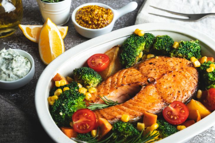 Baked salmon with roasted vegetables.