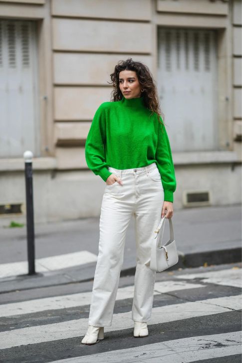 Green Sweater & White Pants.