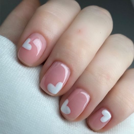 Short Nails featuring Minimalist White Hearts