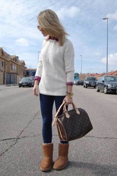 Brown Uggs with White Sweater