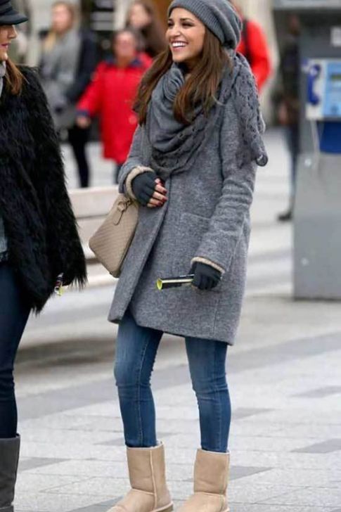 Beige Ugg Boots with a Long Grey Coat