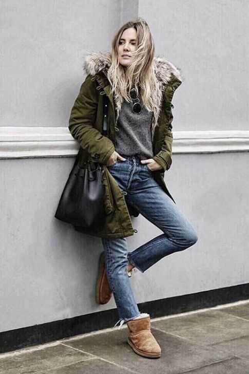 Uggs, Jeans and Green Coat
