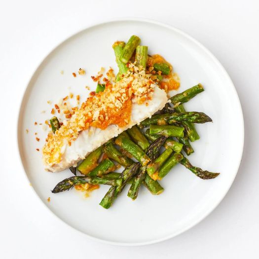 Crispy Miso-Butter Fish With Asparagus