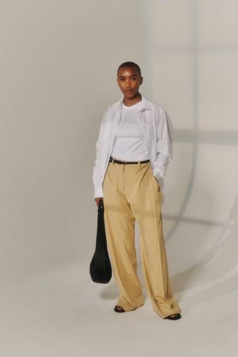 White Shirt with Camel Trousers