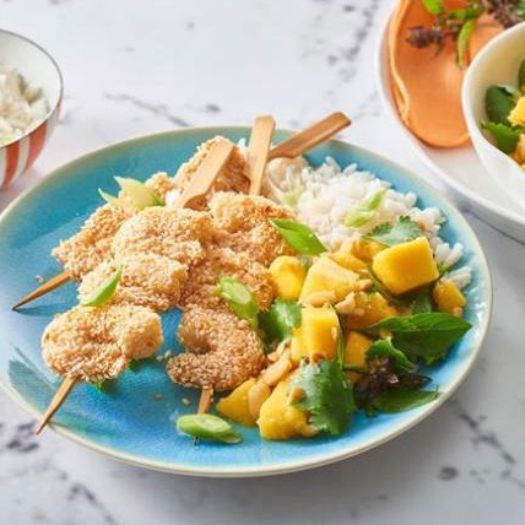 Sesame Prawn Skewers with Asian Mango Salad