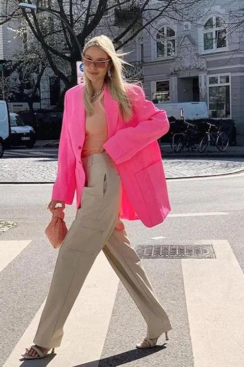 High Waist Beige Cargo Pants + Pink Blazer