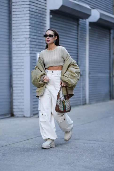 Oversized Puffer with White Cargo Pants