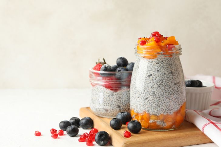 Delicious chia seed pudding with fruits.