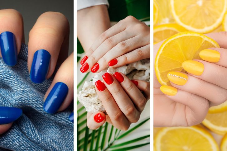 Fall Nail Colors 2024, 3 photos of nails in shades of navy blue, autumn fire red and lemon yellow.